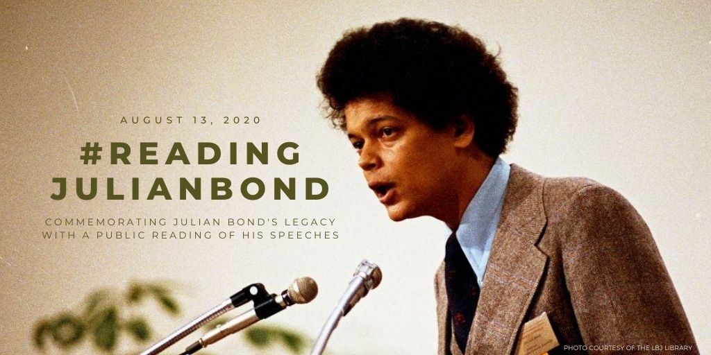 A young Julian Bond speaking, with a text overlay announcing the date of and hashtag for the event.