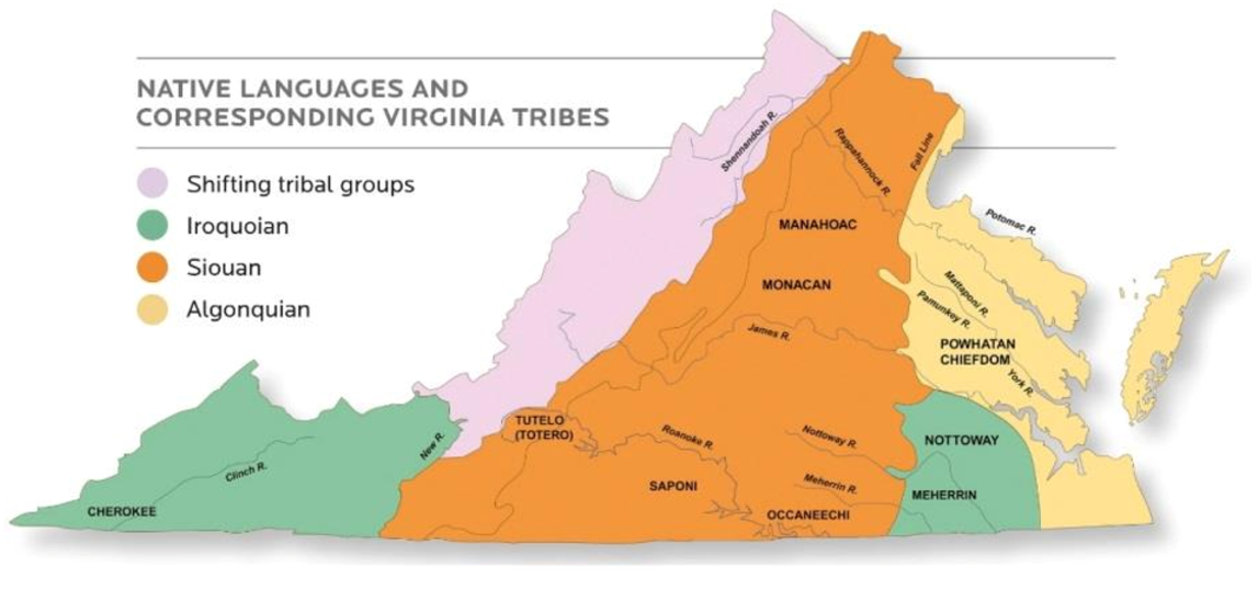 Map of current day virginia and native language groups and tribes.