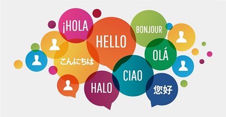 Multicolor bubbles with text of hello in multiple languages.