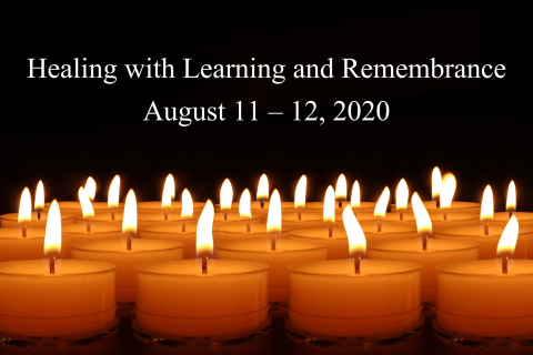 lit candles with words healing with learning and remembrance